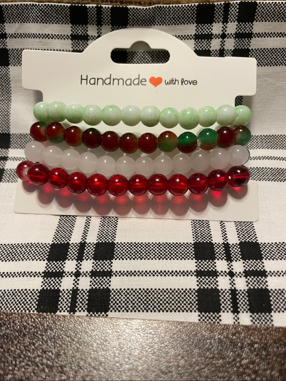 4 Piece, Glass Beaded Stretch Bracelets - White, Red-Green, Light Green, Red
